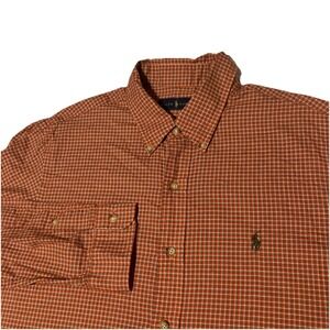 Ralph Lauren Shirt Mens Large Orange Brown Check Button Up Cotton‎ Brown Pony